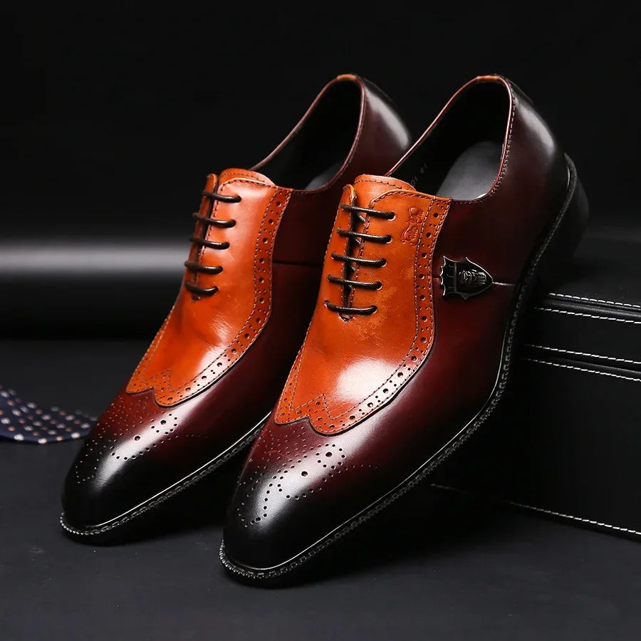 Classic Men's Brogue Oxford Dress Shoes Luxury Genuine Brown Cow Leather Pointed Toe Lace-Up Wedding Party Formal Shoe for Men